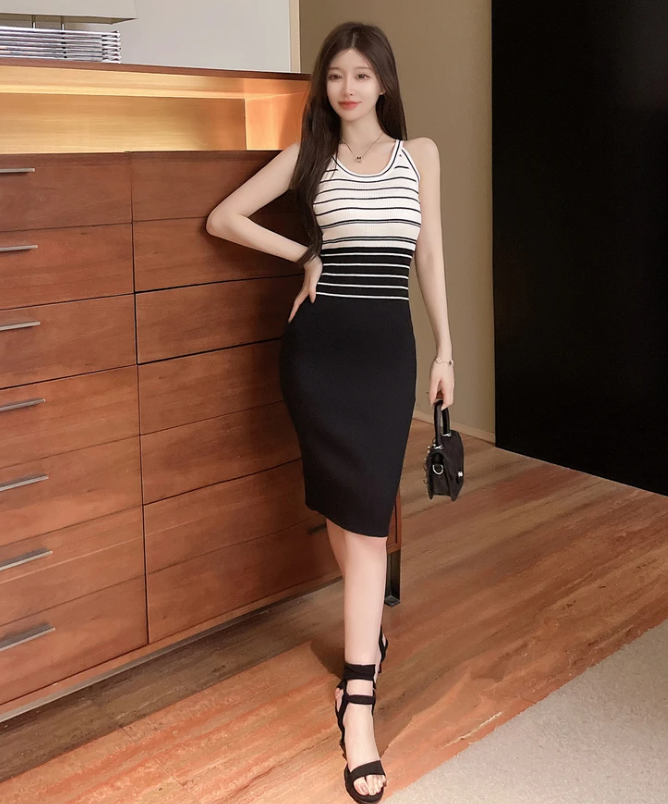 Elegant Stripe Color Block Tank Knitted Sheath Pencil Simple Bodycon Vestidos Dress - Image 19
