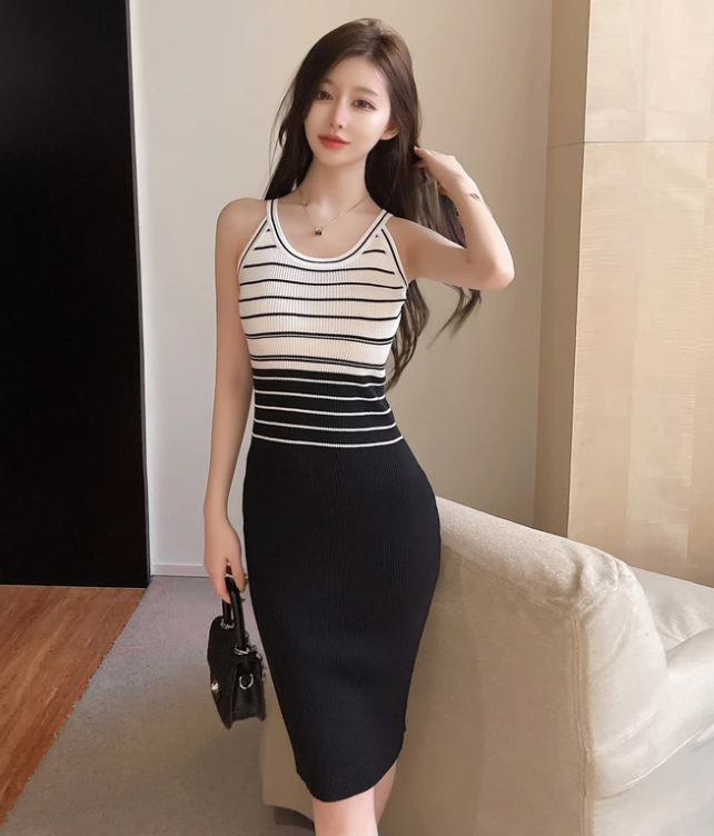 Elegant Stripe Color Block Tank Knitted Sheath Pencil Simple Bodycon Vestidos Dress - Image 20