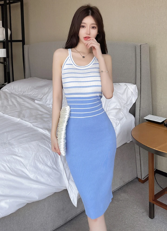 Elegant Stripe Color Block Tank Knitted Sheath Pencil Simple Bodycon Vestidos Dress - Image 3