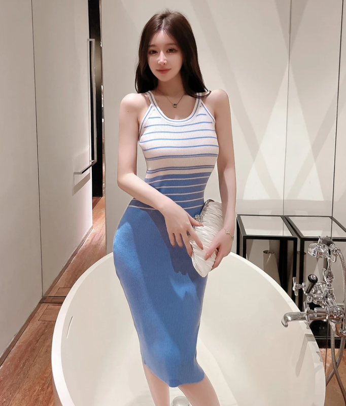 Elegant Stripe Color Block Tank Knitted Sheath Pencil Simple Bodycon Vestidos Dress - Image 5
