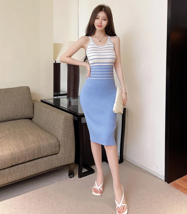 Elegant Stripe Color Block Tank Knitted Sheath Pencil Simple Bodycon Vestidos Dress - Image 6