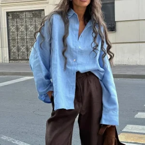 Elegant Turn Collar Solid Linen Long Sleeve Loose Shirts