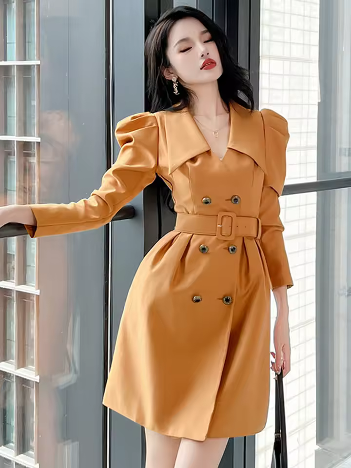 Elegant Turn-Down Collar Double Breasted Slim Belt Blazer Dress