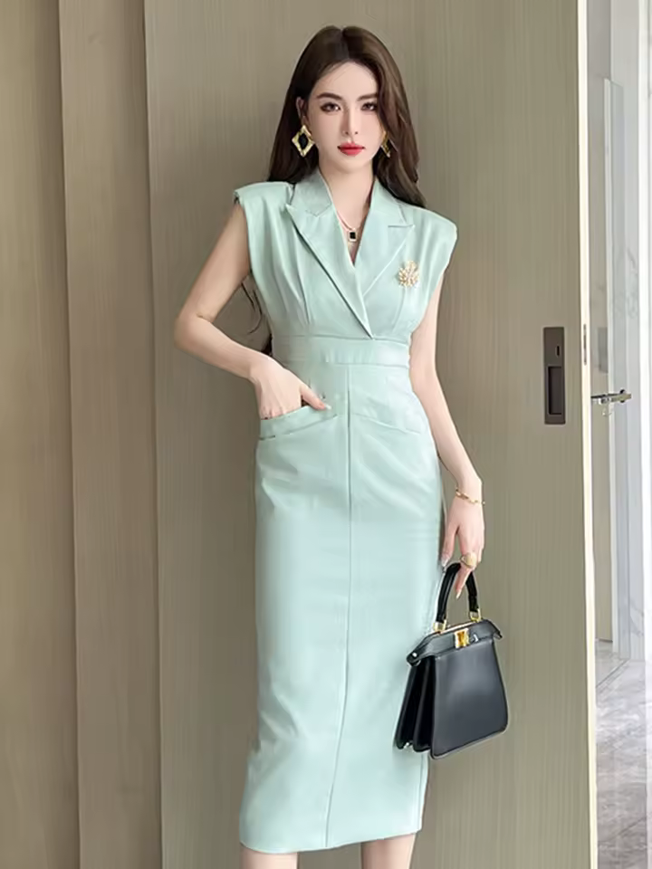 Elegant Turn-Down Collar Office Solid Notched Neck Pencil Midi Dress