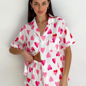 Elegant Turn down Collar Short Sleeves Silk-like Pajamas Sleepwear