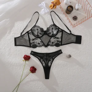 Elegant Ultra Thin Embroidery Transparent Sheer Lingerie Set