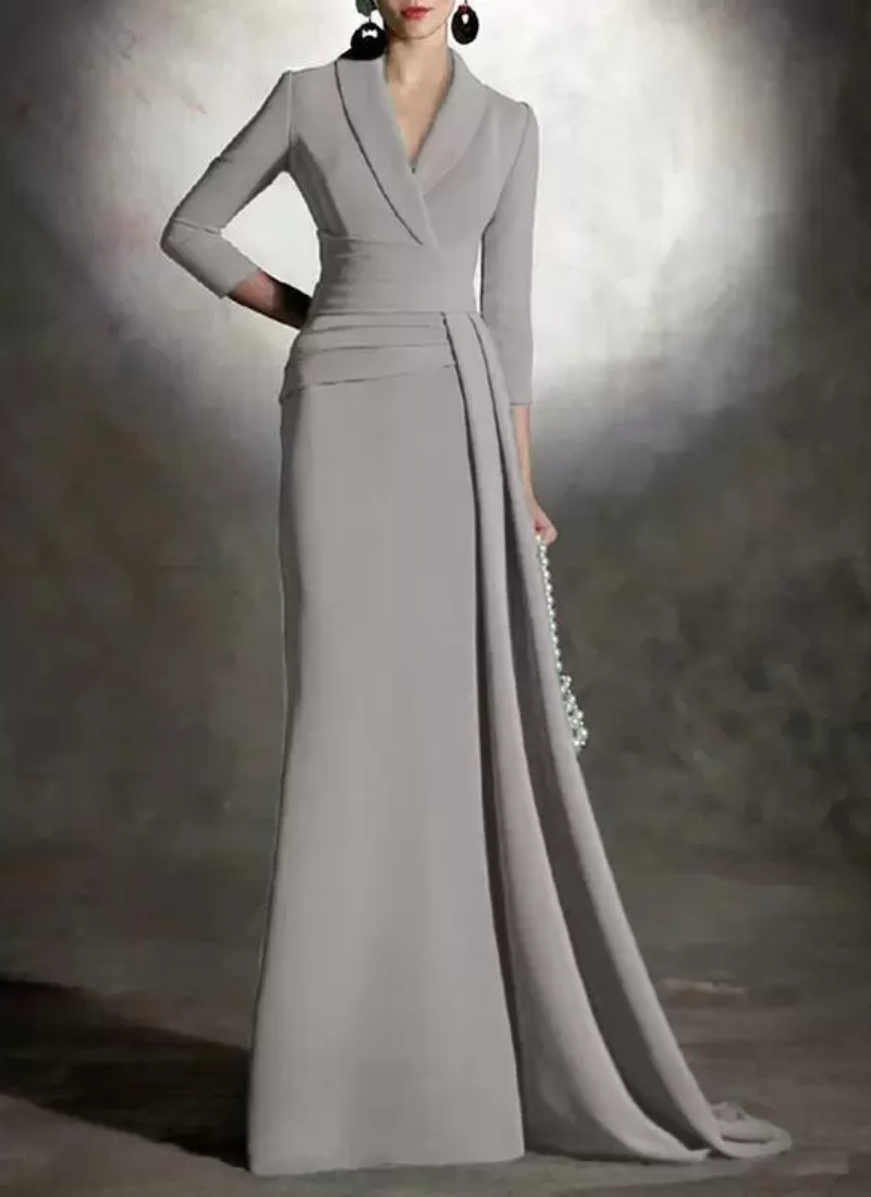 Elegant V-Neck 3/4 Length Sleeves Mermaid Pleated Floor-Length Guest Dresses - Image 20