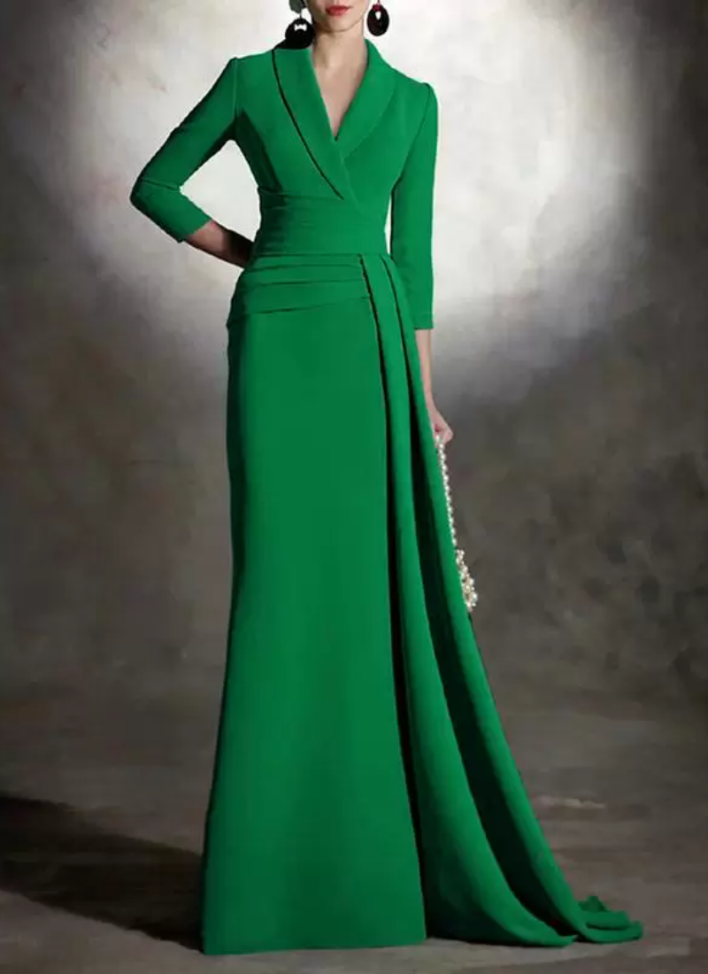 Elegant V-Neck 3/4 Length Sleeves Mermaid Pleated Floor-Length Guest Dresses - Image 12