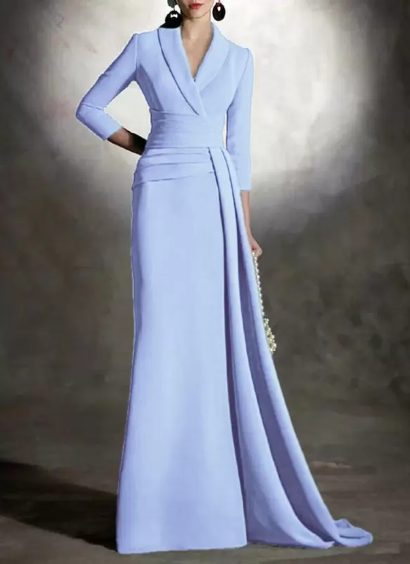 Elegant V-Neck 3/4 Length Sleeves Mermaid Pleated Floor-Length Guest Dresses - Image 11