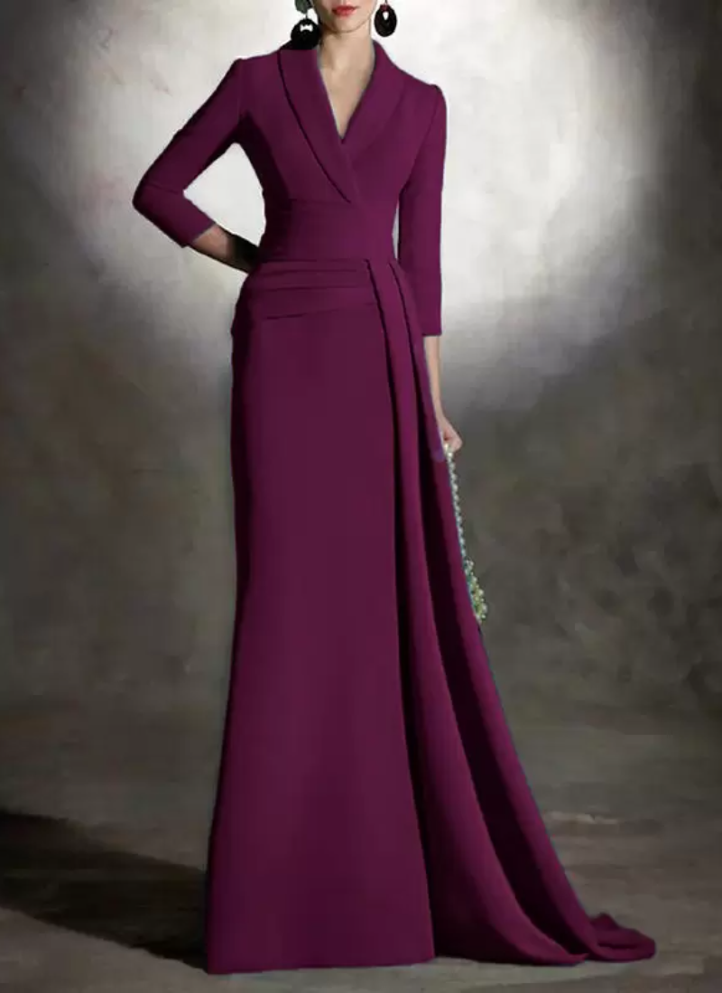 Elegant V-Neck 3/4 Length Sleeves Mermaid Pleated Floor-Length Guest Dresses - Image 10
