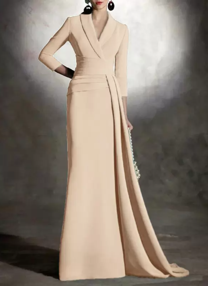 Elegant V-Neck 3/4 Length Sleeves Mermaid Pleated Floor-Length Guest Dresses - Image 9