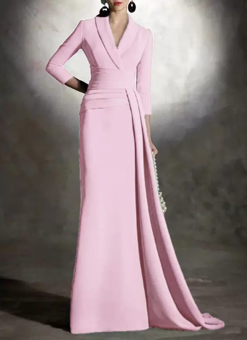 Elegant V-Neck 3/4 Length Sleeves Mermaid Pleated Floor-Length Guest Dresses - Image 8