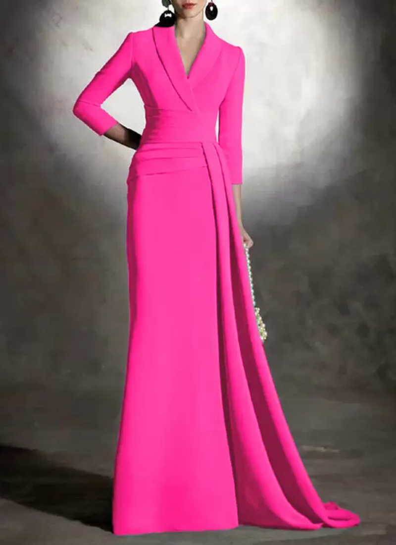 Elegant V-Neck 3/4 Length Sleeves Mermaid Pleated Floor-Length Guest Dresses - Image 7
