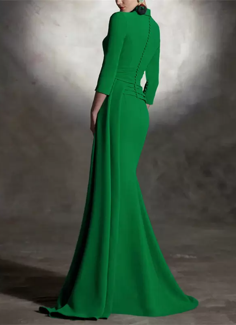 Elegant V-Neck 3/4 Length Sleeves Mermaid Pleated Floor-Length Guest Dresses - Image 6
