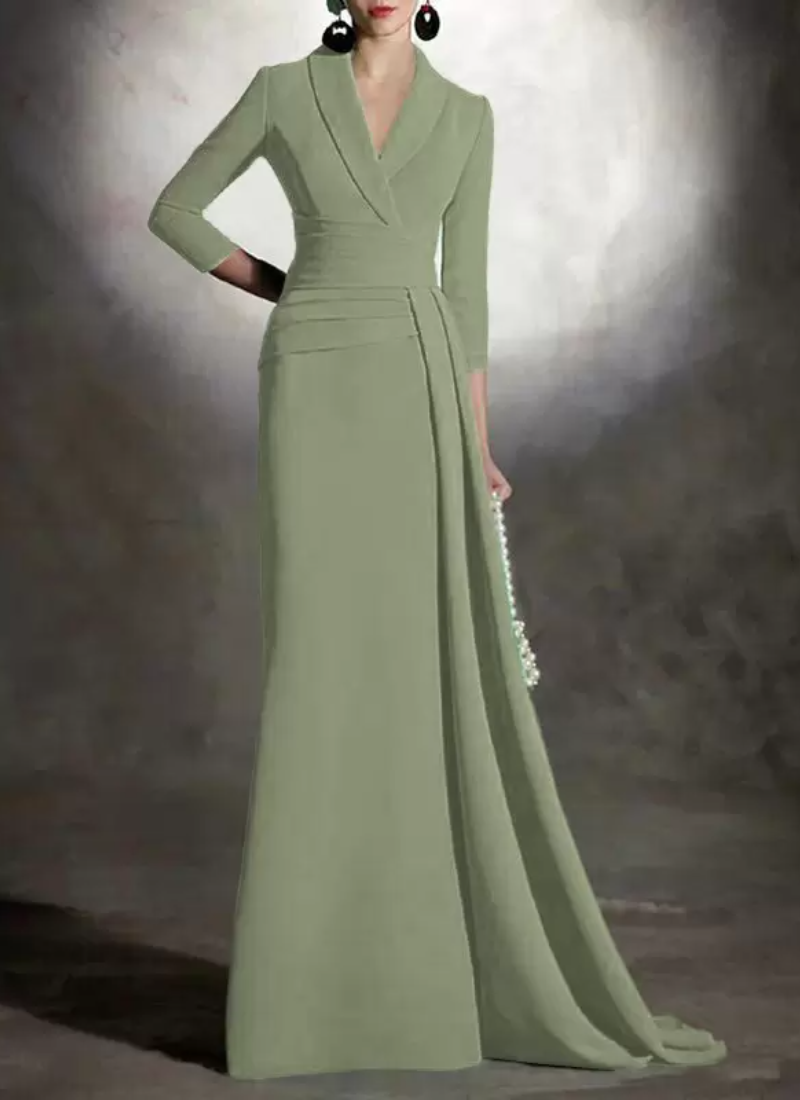 Elegant V-Neck 3/4 Length Sleeves Mermaid Pleated Floor-Length Guest Dresses - Image 5