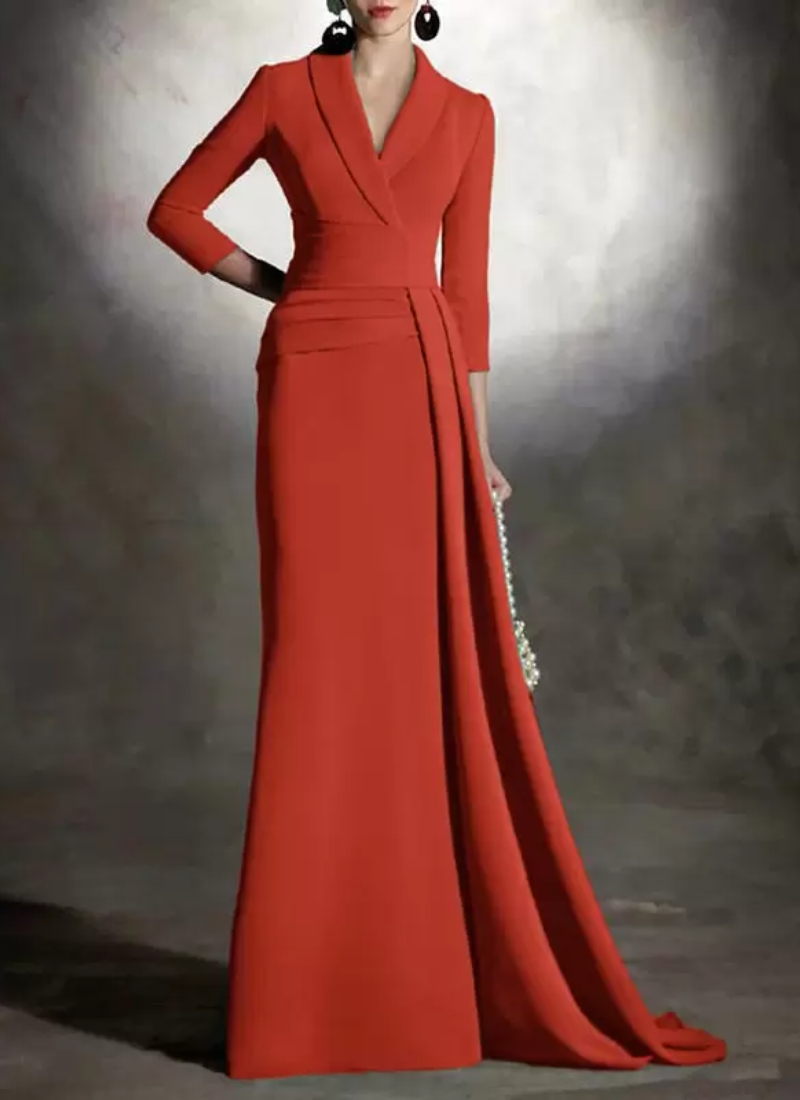 Elegant V-Neck 3/4 Length Sleeves Mermaid Pleated Floor-Length Guest Dresses - Image 4