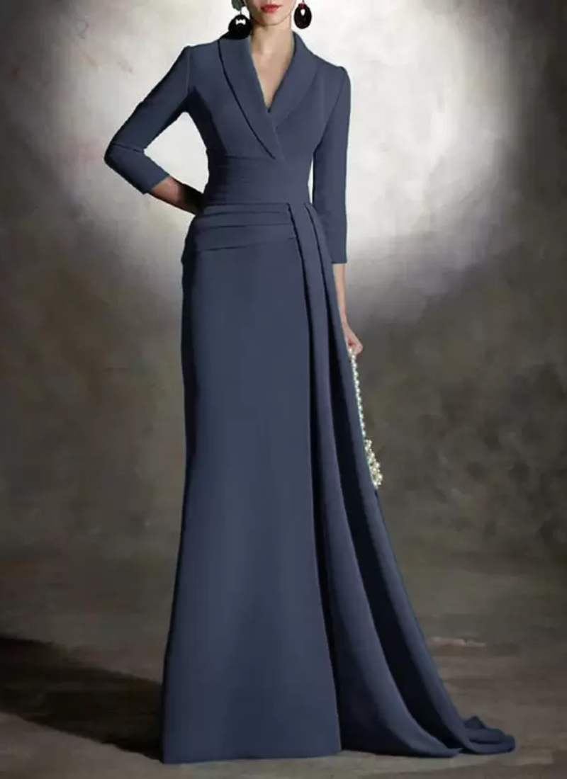 Elegant V-Neck 3/4 Length Sleeves Mermaid Pleated Floor-Length Guest Dresses - Image 3