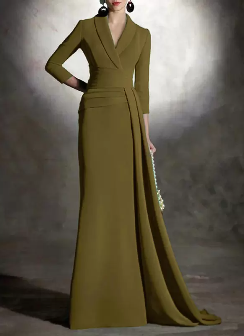 Elegant V-Neck 3/4 Length Sleeves Mermaid Pleated Floor-Length Guest Dresses - Image 19