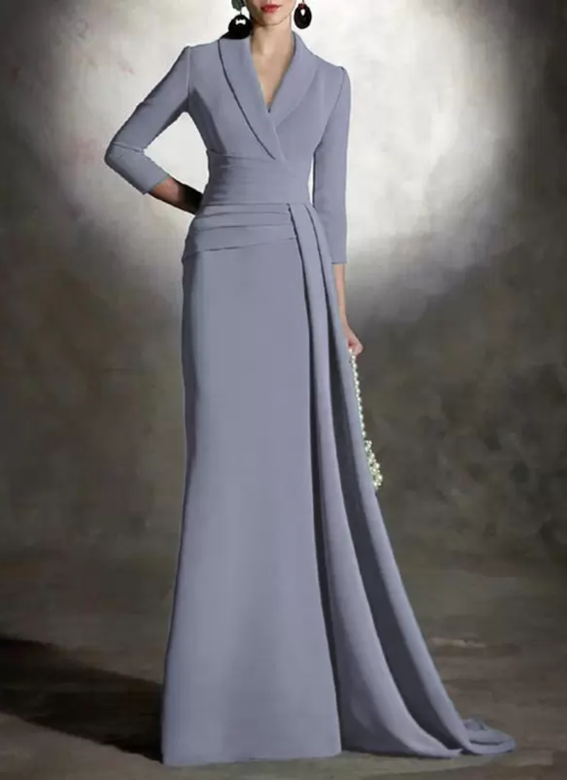 Elegant V-Neck 3/4 Length Sleeves Mermaid Pleated Floor-Length Guest Dresses - Image 2