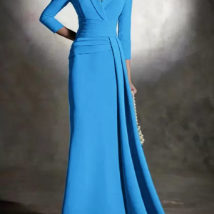 Elegant V-Neck 3/4 Length Sleeves Mermaid Pleated Floor-Length Guest Dresses