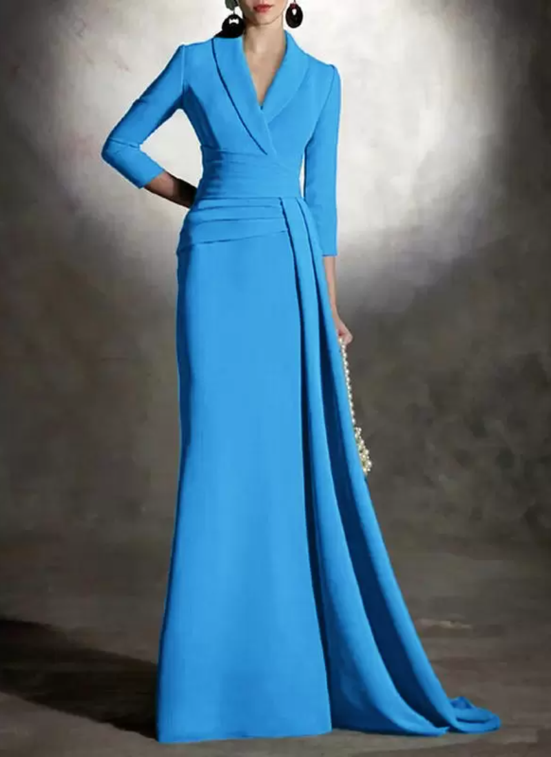 Elegant V-Neck 3/4 Length Sleeves Mermaid Pleated Floor-Length Guest Dresses