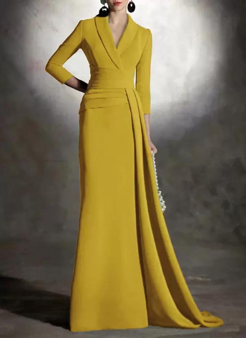 Elegant V-Neck 3/4 Length Sleeves Mermaid Pleated Floor-Length Guest Dresses - Image 18
