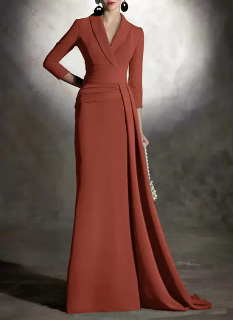 Elegant V-Neck 3/4 Length Sleeves Mermaid Pleated Floor-Length Guest Dresses - Image 17