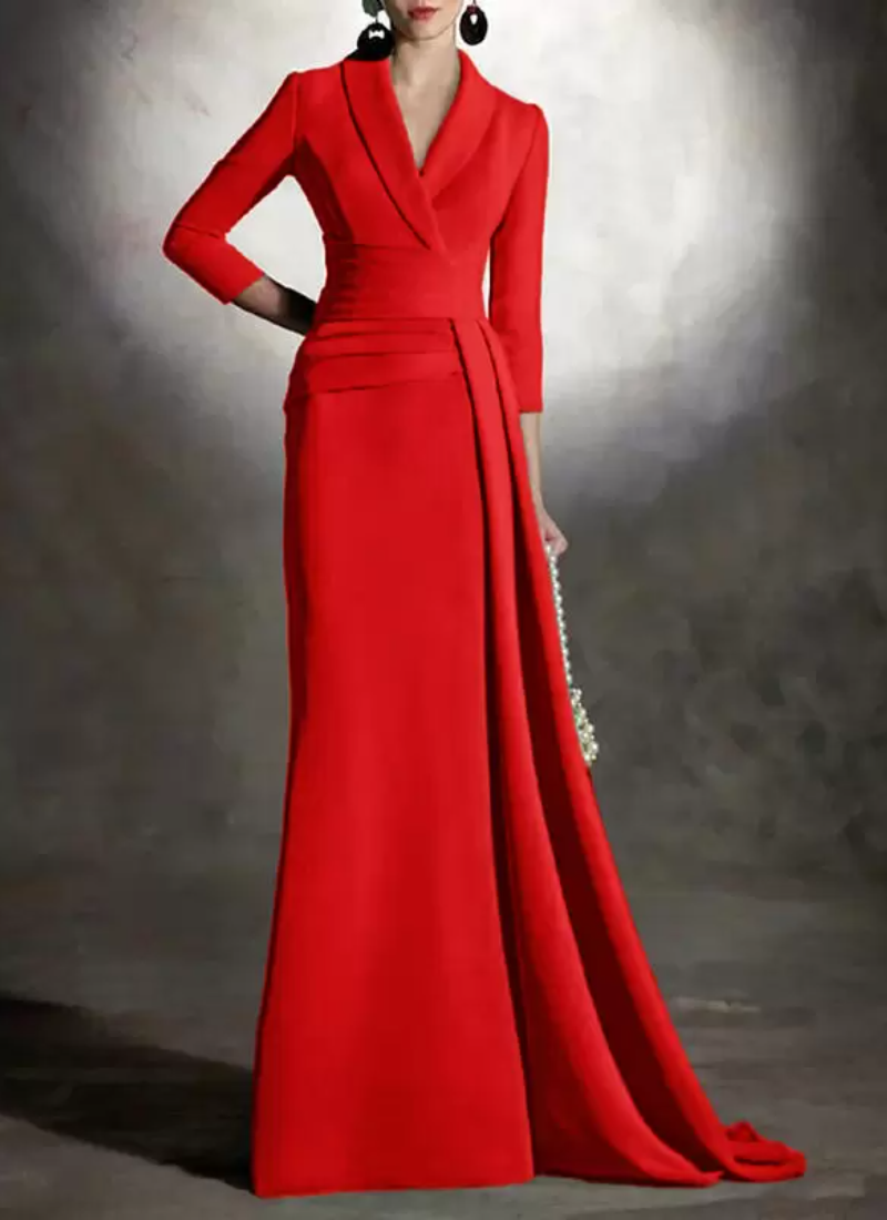 Elegant V-Neck 3/4 Length Sleeves Mermaid Pleated Floor-Length Guest Dresses - Image 16