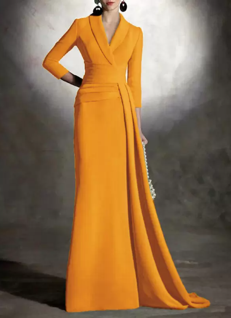 Elegant V-Neck 3/4 Length Sleeves Mermaid Pleated Floor-Length Guest Dresses - Image 15