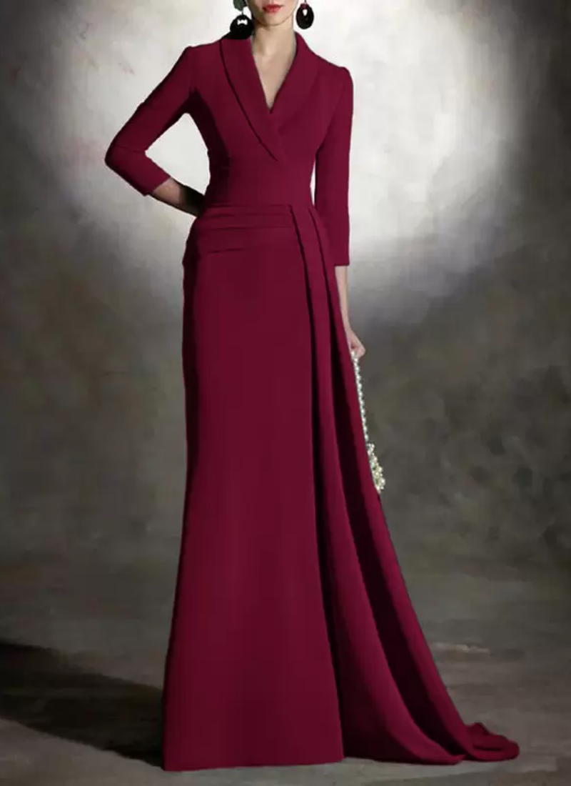 Elegant V-Neck 3/4 Length Sleeves Mermaid Pleated Floor-Length Guest Dresses - Image 14