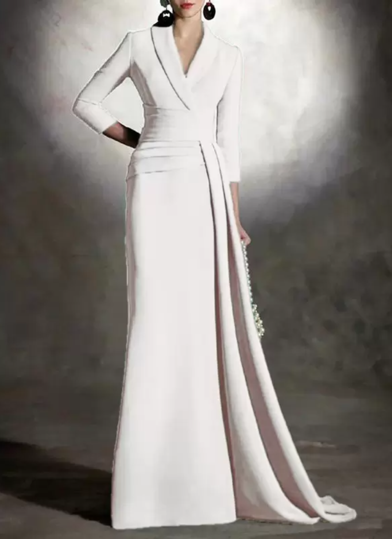 Elegant V-Neck 3/4 Length Sleeves Mermaid Pleated Floor-Length Guest Dresses - Image 13