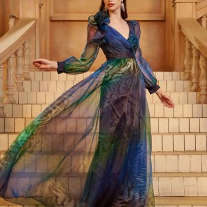 Elegant V Neck A Line Long Sleeved Party Graduation Perform Maxi Dress