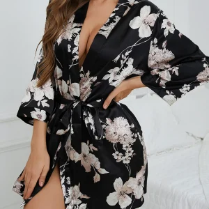 Elegant V-Neck Belted Robe Floral Print with Flowy Sleeves Silk Lounge wear