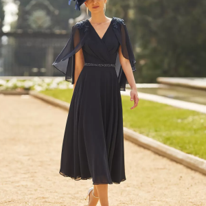 Elegant V-Neck Half Sleeves A-Line Sash Tea-Length Guest Dresses For Wedding