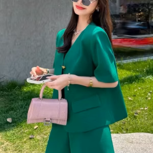 Elegant V -Neck Short Sleeve Blazer Top and Shorts Two Piece Set