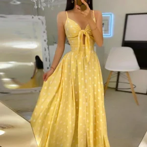 Elegant V-Neck Sling Backless Hollow Out BowKnot Long Party Dot Dress