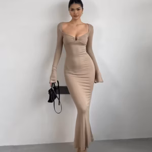 Elegant V-neck Flare Sleeves High Waist Slim Split Fish Tail Wrap Hip Long Dress