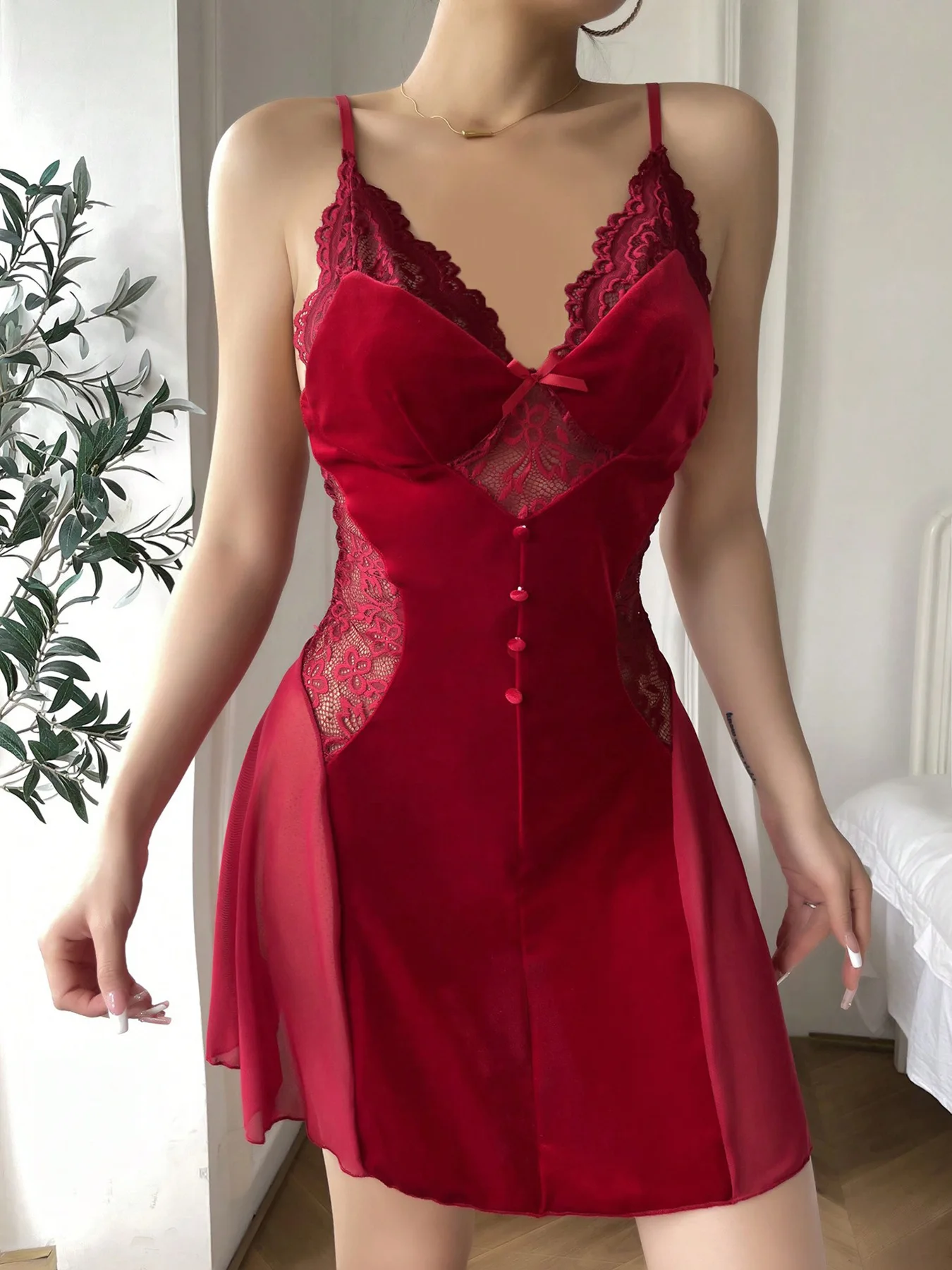 Elegant Velvet Mesh Splicing Sling V-neck Dew Shoulder Fit And Flare Dress - Image 2