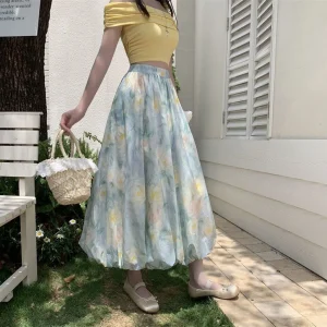 Elegant Vintage Floral Sweet High Waist Casual Loose Skirt