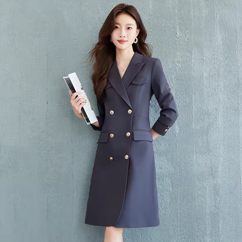 Elegant Waist Turn Down Collar Long Sleeve Suit Blazer Dress Business Suit - Image 4