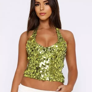 Elegant With Halter Neckline Sequin Crop Top Club Wear