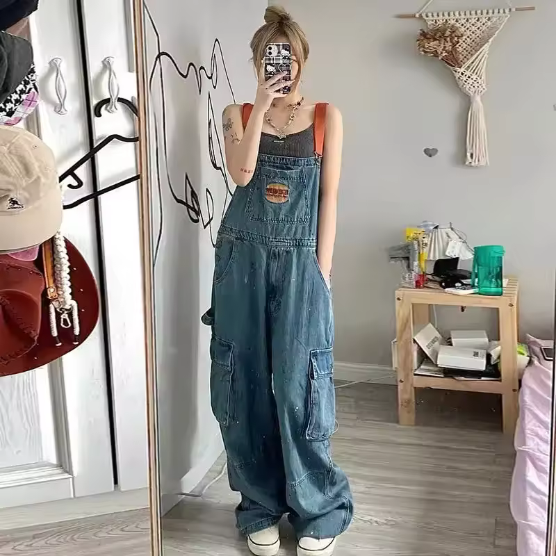 Embroidered Spicy Ink Denim Strap Large Loose Slim Retro Jumpsuits
