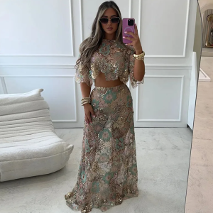 Embroidery Sequin Short Sleeve Shirt Crop Top Skirts Set