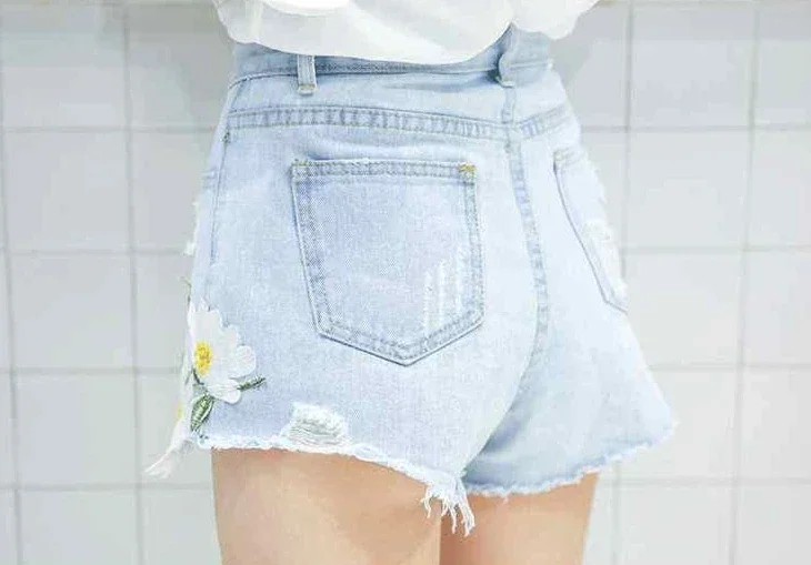 Embroidery With Waist Pocket Jean Pants Outdoor Denim Shorts - Image 3