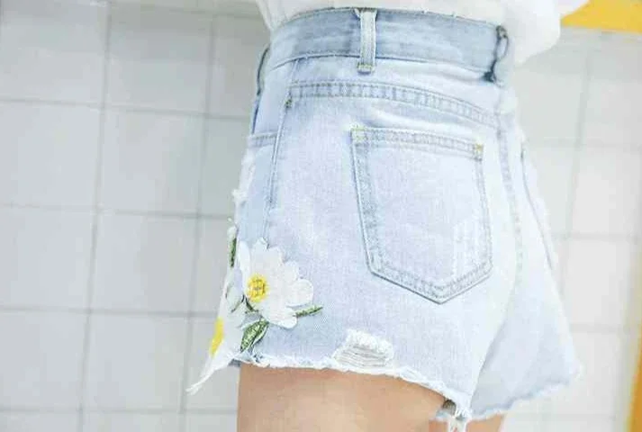 Embroidery With Waist Pocket Jean Pants Outdoor Denim Shorts - Image 2