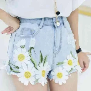Embroidery With Waist Pocket Jean Pants Outdoor Denim Shorts