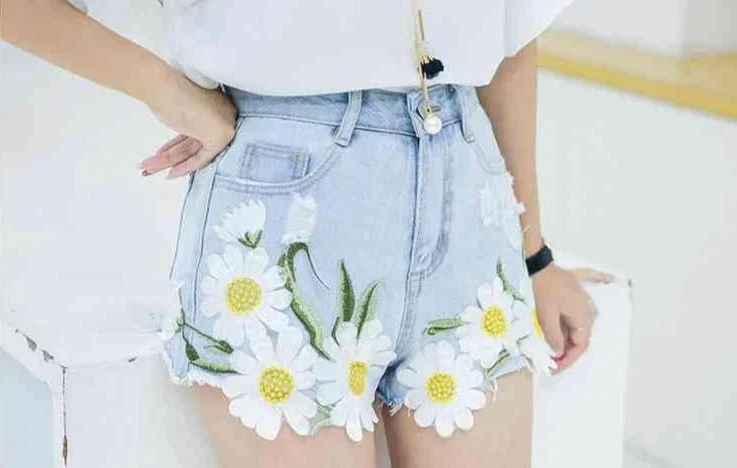 Embroidery With Waist Pocket Jean Pants Outdoor Denim Shorts