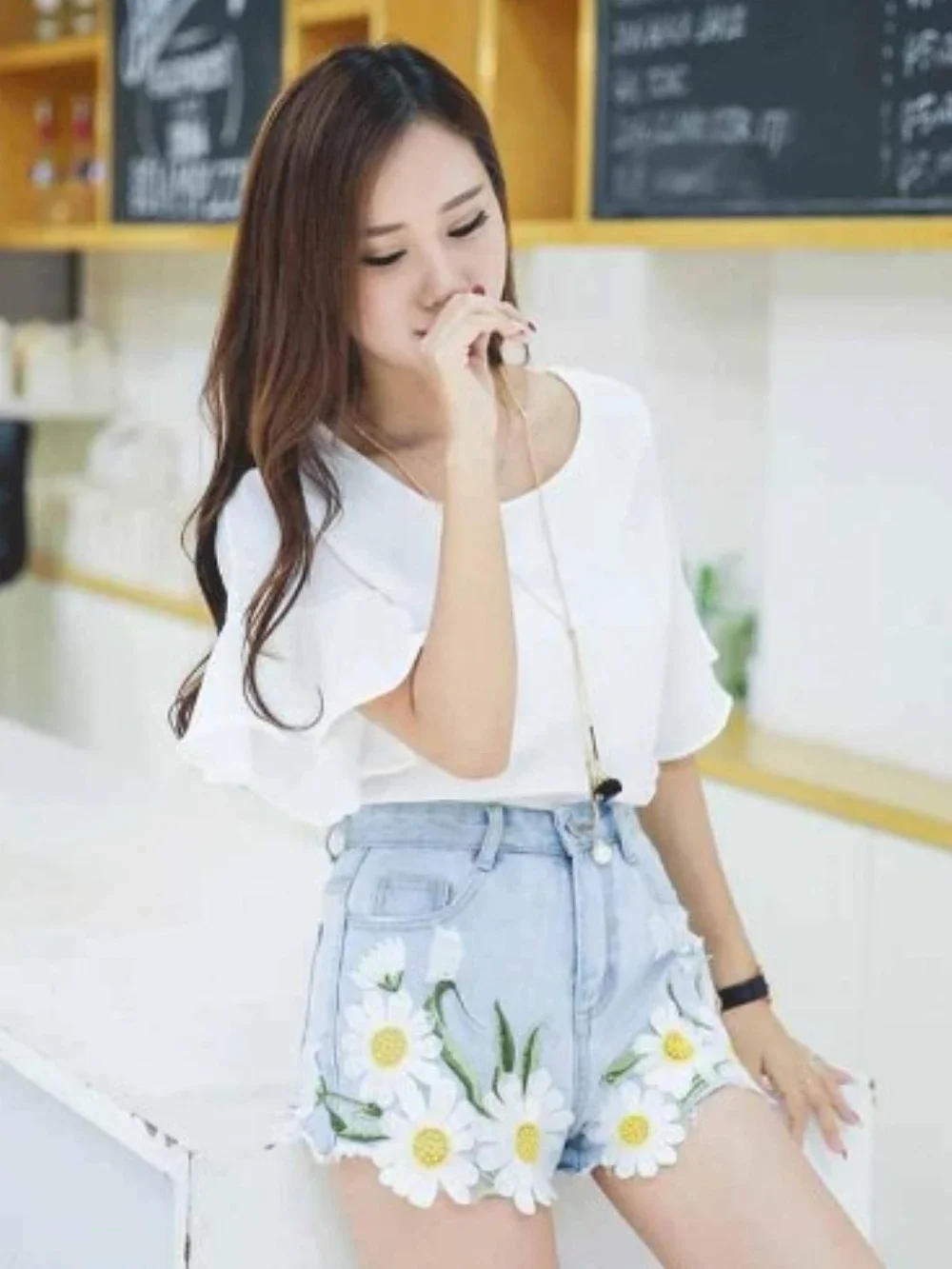Embroidery With Waist Pocket Jean Pants Outdoor Denim Shorts - Image 10