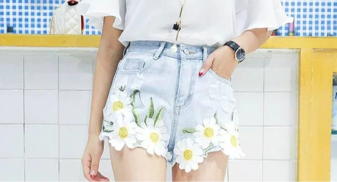 Embroidery With Waist Pocket Jean Pants Outdoor Denim Shorts - Image 4