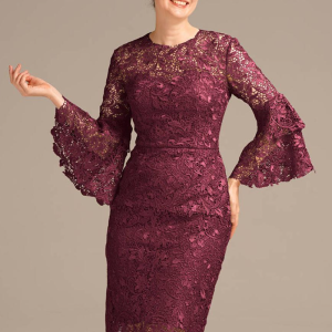 Erotic Jewel Neck 3/4 Length Sleeves Short Lace Knee-Length Guest Dresses